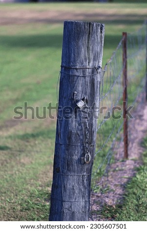 A random wooden post for a fence near an urban farm plot.