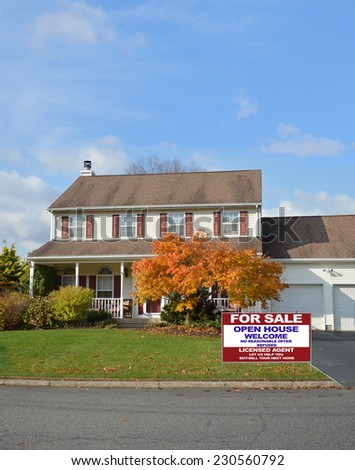 Real Estate For Sale Open House Welcome sign suburban colonial style home fall autumn day residential neighborhood blue sky USA