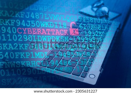 Desptop photo as background with colorful VR cyberattack interface. Cyber security data protection business technology. Protection against dangers. Royalty-Free Stock Photo #2305631227