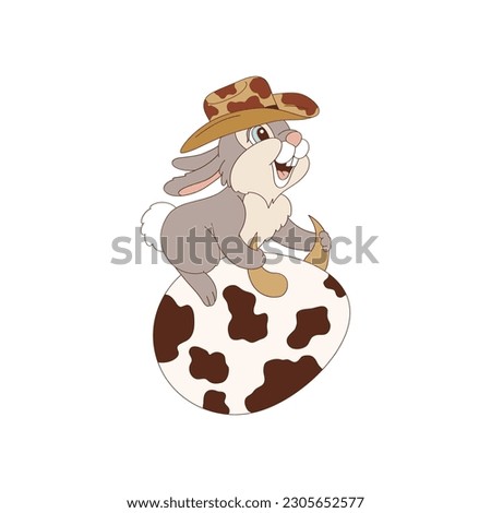 Cute cartoon cowboy bunny rodeo on Ester egg vector illustration. Western Easter aesthetic print design. 