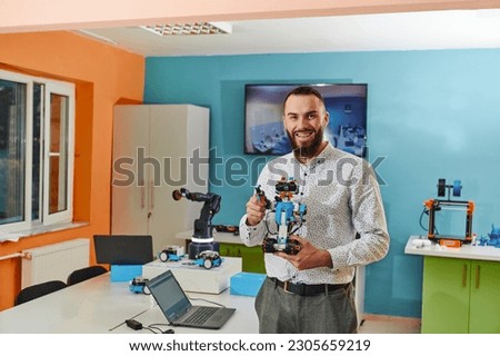 A man working in a robotics laboratory, focusing on the intricate fields of robotics and 3D printing. Showcase their dedication to innovation, as they engage in research, development, engineering, and