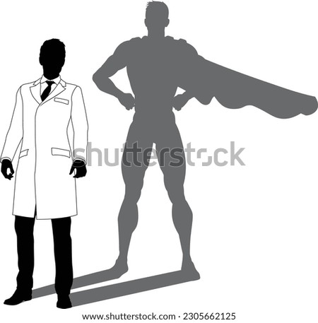 A superhero male scientist, engineer, doctor or teacher in a lab white coat man. Revealed by his shadow silhouette as a super hero in a cape.