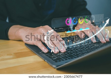 Search technology, artificial intelligence, human hand search engine optimization using computer simulation, graphical representation. Innovation. Find information. Using search with the web. Royalty-Free Stock Photo #2305667477