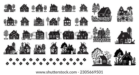 Set of domestic home vector quirky graphics. Collection of folk art style rural house and woodland clip art in hand carved linocut illustration. 