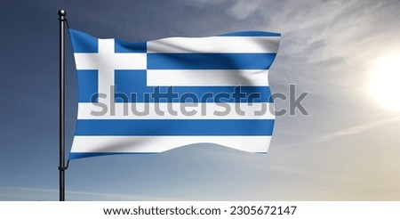 Greece national flag cloth fabric waving on beautiful grey sky Background.