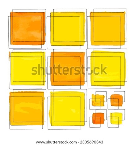 Squares hand drawn with liner with yellow orange watercolor spots on a white background. Geometric pattern vector illustration for wrapping paper, cover, banner.