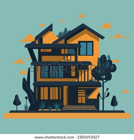 Modern house clip art with surrounding trees used for decoration.