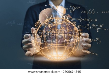 The globe floating among the hands of a scientist studying gravitational attraction between the planets in the solar system and equations hovering around him. Physic education concept. Royalty-Free Stock Photo #2305694345