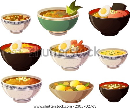 Vector illustration of various asian noodle soups in colorful bowls isolated on white background.	 Royalty-Free Stock Photo #2305702763
