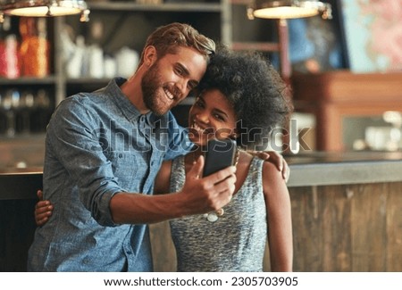 Coffee shop selfie, cafe hug and happy people or couple of friends post photo memory to social network. Customer smile, retail service picture and person pose in startup, small business or restaurant