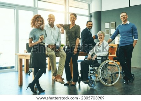 Inclusion, diversity and portrait of business people in office for teamwork, support and happy. Smile, collaboration and inclusive with group of employees for mission, commitment and mindset Royalty-Free Stock Photo #2305703909