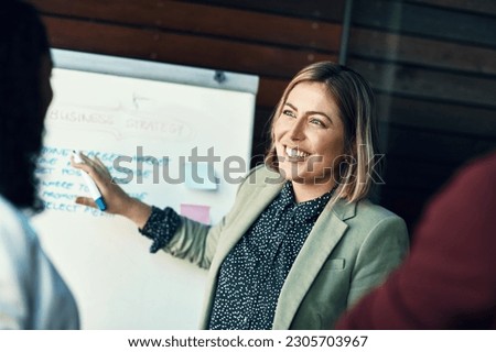 Presentation whiteboard, audience and happy woman planning, coaching and present strategy, ideas or office plan. Sales workshop, project management and team leader, boss or person speaking to group Royalty-Free Stock Photo #2305703967