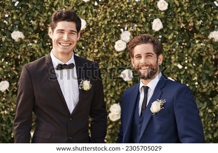 Groom, best man and wedding portrait outdoor with smile and happiness in nature. Happy men together in garden for formal celebration event with elegant clothes, suit and friends on green background Royalty-Free Stock Photo #2305705029