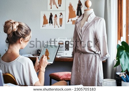 Fashion, woman drawing design on tablet with mannequin, small business ideas and creative process in studio. Creativity, textile and designer working on digital sketch with pattern and illustration.