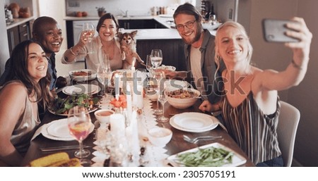 Diversity, dining table and friends taking a selfie at dinner, party or event at a modern home. Happy, smile and young people taking a picture together while eating a lunch meal with wine in a house.
