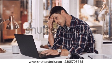 Headache, tired and a man with a laptop and stress from an email, project or communication. Frustrated, anxiety and a businessman reading a chat on a computer about a mistake or work fail in office Royalty-Free Stock Photo #2305705365