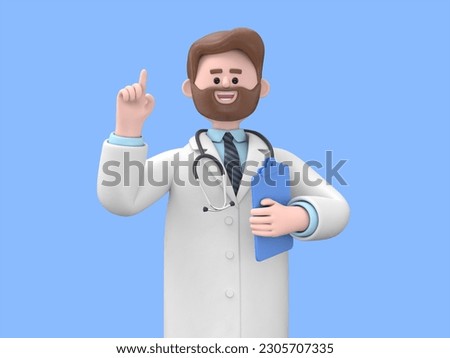 3D illustration of Male Doctor Iverson shows finger up and holds blue clipboard. Medical presentation clip art isolated on blue background. Advice concept
