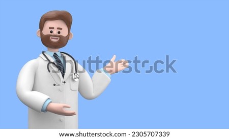 3D illustration of Male Doctor Iverson shows inviting gesture. Happy professional caucasian male specialist. Medical presentation clip art isolated on blue background
