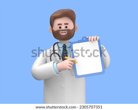 3D illustration of Male Doctor Iverson shows finger up holds blank clipboard. Medical clip art isolated on blue background. Health insurance concept. Best choice or recommendation metaphor
