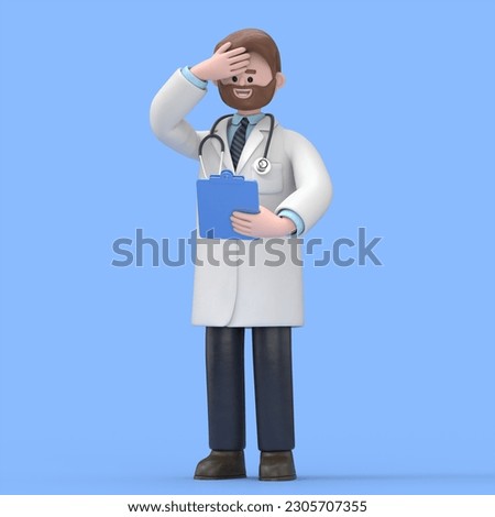 3D illustration of Male Doctor Iverson confused. Thinking man touches head and looks at camera. Medical clip art isolated on blue background. Problem solving concept. Professional therapist at work
