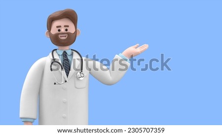 3D illustration of Male Doctor Iverson shows inviting gesture. Happy professional caucasian male specialist. Medical presentation clip art isolated on blue background
