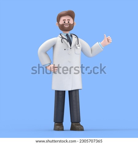 3D illustration of Male Doctor Iverson shows thumb up. Medical clip art isolated on blue background. Best choice concept. Health care recommendation metaphor
