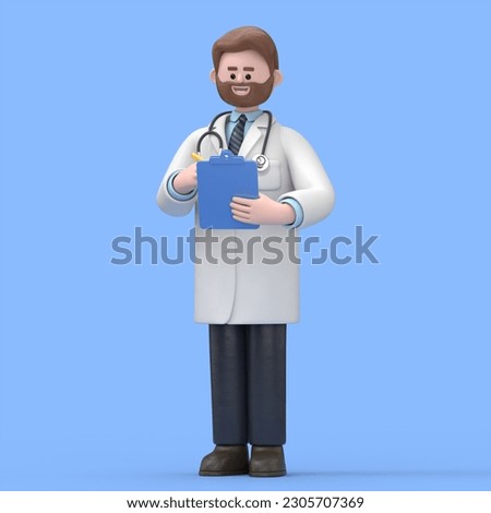 3D illustration of Male Doctor Iverson holds blue clipboard. Professional caucasian male specialist. Medical clip art isolated on blue background. Hospital assistant
