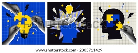 Creative mind, brainstorm. Abstract human head silhouette and hand holding bulb lamp surrounded geometric shapes. Team connecting puzzle symbolized creative idea on blueprint. Vector illustration	 Royalty-Free Stock Photo #2305711429