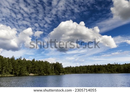 Cloudy sky above lake in the Swedish national park Tyresta By near Stockholm Royalty-Free Stock Photo #2305714055