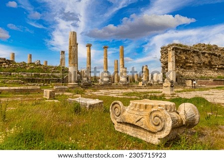 Ruins of the Temple of Artemis Leukophryene in Magnesia on the Maeander ancient site in Aydin province of Turkey. This famous temple was the fourth largest Ionian temple of the Hellenistic period Royalty-Free Stock Photo #2305715923