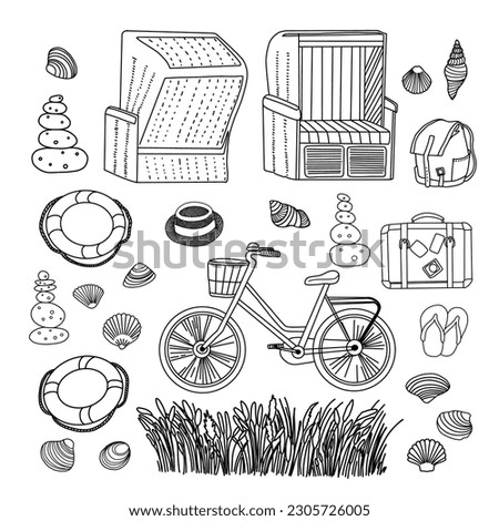 Beach clip art set with straw hat, suitcase, backpack, shells, beach chair, bicycle, stone pyramid. Isolated elements. Stock illustration. Hand painted.