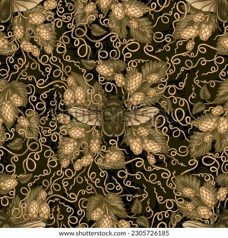 Vintage seamless pattern Blooming hop plants flying beetles Chafer Black and gold luxury ornament Pattern Printing fabric wrapping paper wallpaper wall art Hand drawn painting Colour pencils Handmade