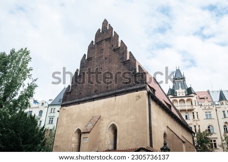 Low-angle view of the Old New Synagogue (Staronova synagoga) in Pragues Jewish quarter, Czech Republic. Royalty-Free Stock Photo #2305736137