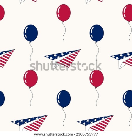 Seamless pattern of hand drawn 4th of July paper planes and balloons, on isolated background. Design for Independence Day, 4th of July, freedom celebration. Patriotic and memorial decoration.