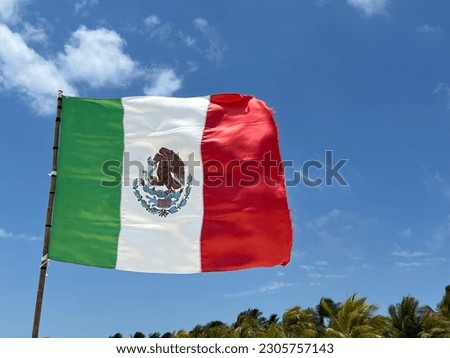 The flag of Mexico flutters in the wind on a flagpole against a blue sky and tropical forest.