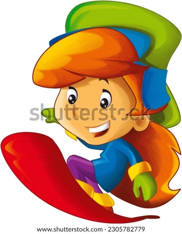 cartoon scene with little girl snowboarding sport isolated illustration for kids