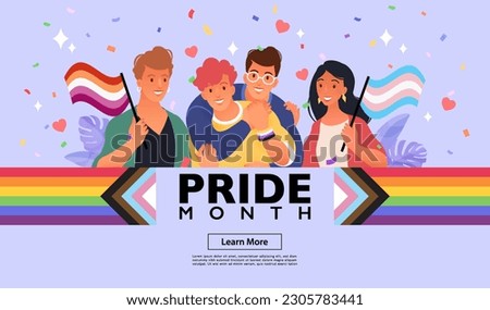 Website template background of diverse people celebrate PRIDE month supporting LGBTQIA history. Royalty-Free Stock Photo #2305783441