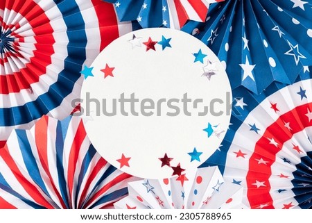 4th of July background, USA Presidents Day, Independence Day, Memorial day, US election concept. Red white and blue paper fans with stars confetti. Flat lay, top view, banner