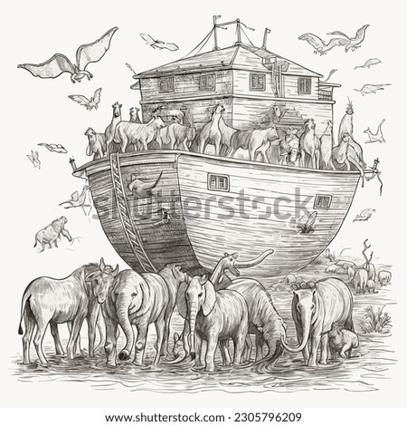 Noah's ark with animals various illustrations: watercolor, sketch, abstract, vector illustrations