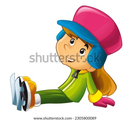 cartoon scene with young boy sitting or having accident on ice skating doing sport isolated illustration for kids