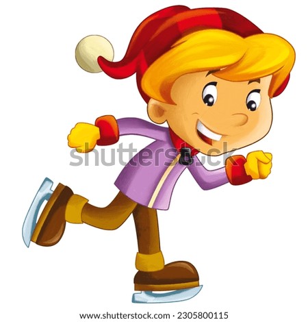 cartoon scene with young boy ice skating doing sport isolated illustration for kids