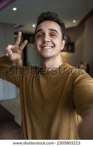 Portrait of man selfie point of view UGC of adult caucasian male happy Royalty-Free Stock Photo #2305803213