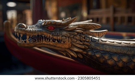 A wooden dragon head of dragon boat, chinese festival. Close up.