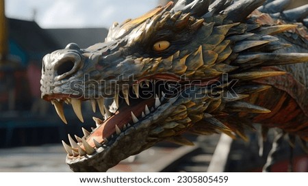 A wooden dragon head of dragon boat, chinese festival. Close up.