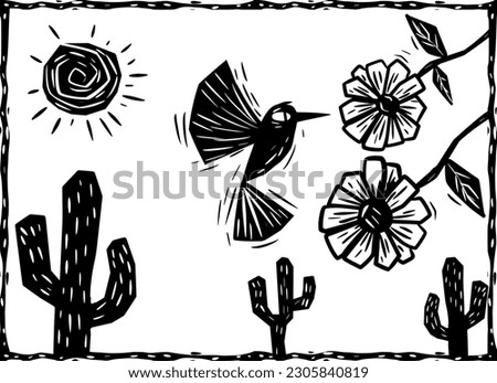 Hummingbird near a flower, cactus and the sun in the sky. Cordel literature woodcut style. Royalty-Free Stock Photo #2305840819