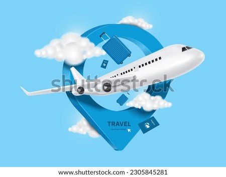 airplane, cloud, blue passport, luggage or baggage appeared and displayed in front of large pin location for travel design, vector 3d on blue background for summer travel advertising design Royalty-Free Stock Photo #2305845281