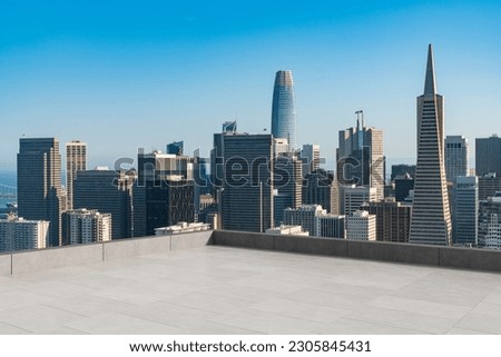 Skyscrapers Cityscape Downtown, San Francisco Skyline Buildings. Beautiful Real Estate. Day time. Empty rooftop View. Success concept. Royalty-Free Stock Photo #2305845431