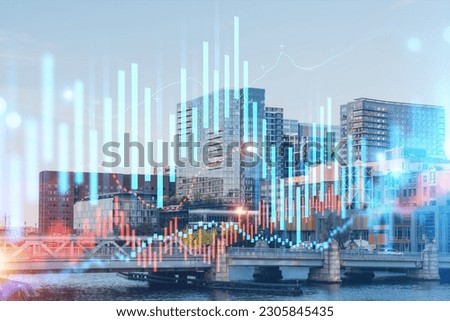Skyscrapers Cityscape Downtown View, Boston Skyline Buildings. Beautiful Real Estate. Day time. Forex Financial graph and chart hologram. Business education concept.