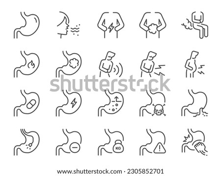 Flatulence icon set. It included stomach, stomach ache, sick, and more icons. Editable Stroke. Royalty-Free Stock Photo #2305852701