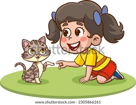 little children playing together with cute cat vector